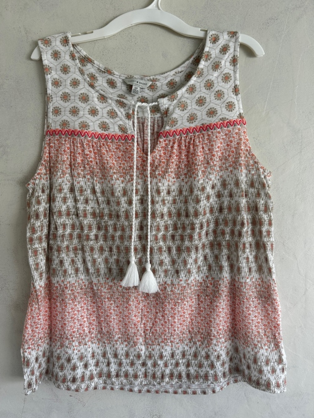 Lucky Brand Coral and Cream Tassel Tie Tank Top